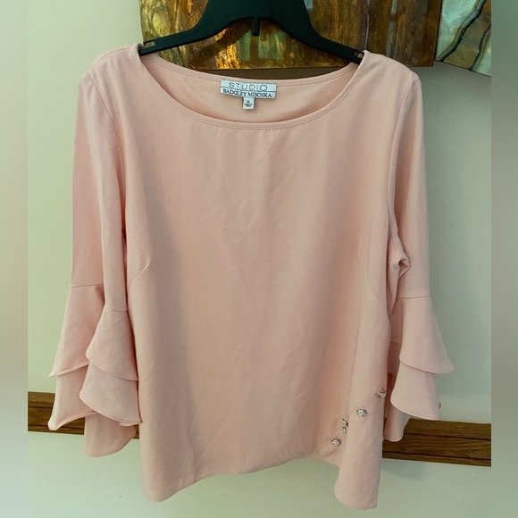 Badgley Mischka Tops - Studio Badgley Mischka pink silver jeweled bell sleeve blouse XL